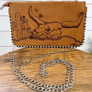 Hand Burned Cow Skull Cross Body Purse, Burned Purse